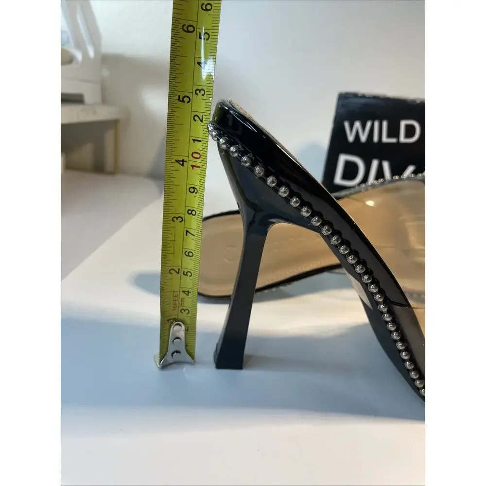 Wild Diva Lounge Boli-02 Black Studded Clear Strap Square Toe Mules Heels Sz 9